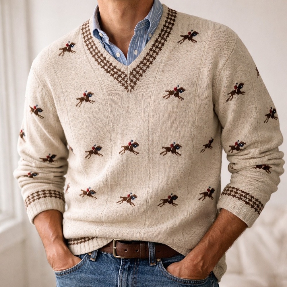 Rare VTG Polo Ralph Lauren Sz MHorses Jockey Hand Knit Beige V Neck Silk Cotton - Picture 2 of 8